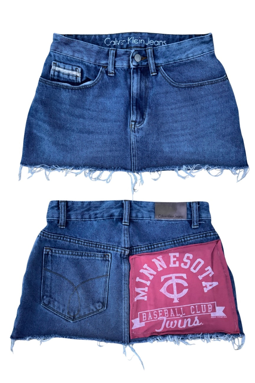 Reworked Calvin Klein Denim Mini Skirt 25” w/ Pink Minnesota Twins Patch