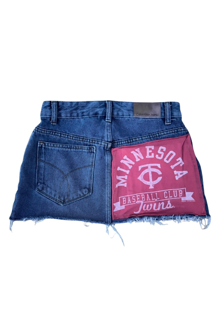 Reworked Calvin Klein Denim Mini Skirt 25” w/ Pink Minnesota Twins Patch