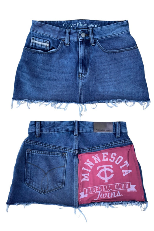 Reworked Calvin Klein Denim Mini Skirt 25” w/ Pink Minnesota Twins Patch